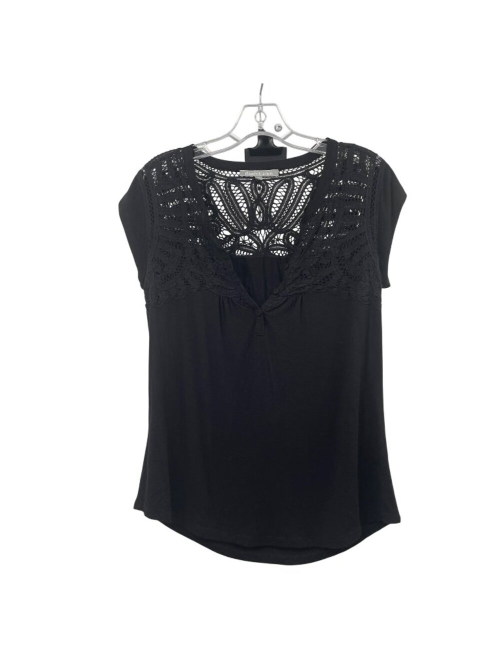 Daniel Rainn Womens Cap Sleeve Top Crochet Neck Black Size Small